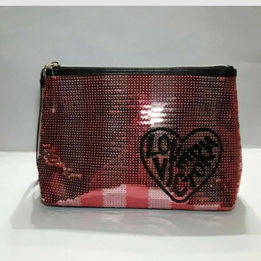 COPY - VICTORIAS SECRET "LOVE VICTORIA" PINK SEQUIN MAKEUP COSMETIC BAG CLUTCH …